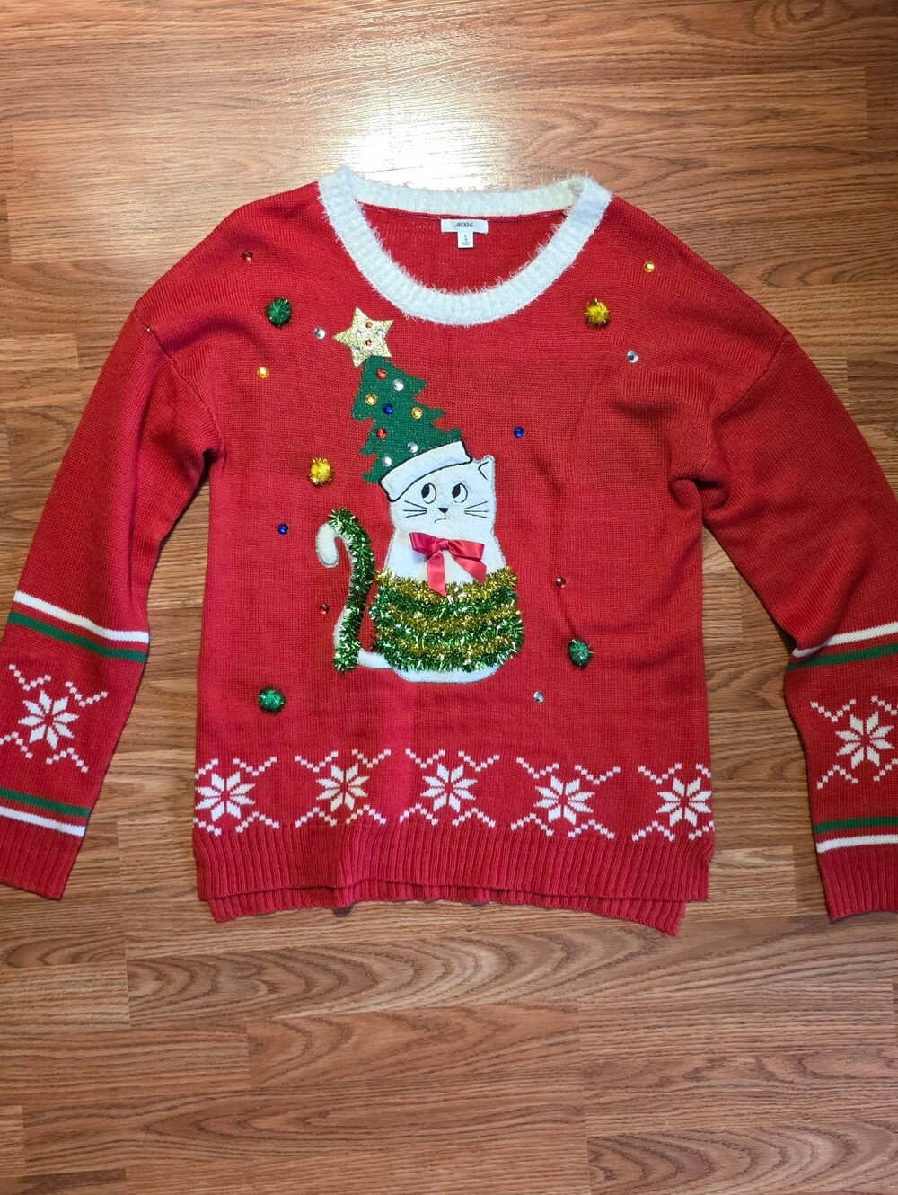 Ardene Red Christmas Cat Sweater with White Accents